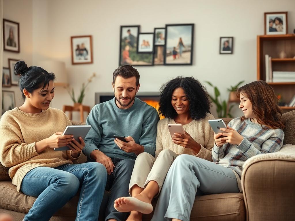 A family sitting together in their living room, each with a device, engaged in a virtual family counseling session. The room is cozy, with warm lighting and family photos on the walls. Each family member appears attentive and engaged, demonstrating the effectiveness of remote therapy in strengthening family relationships.