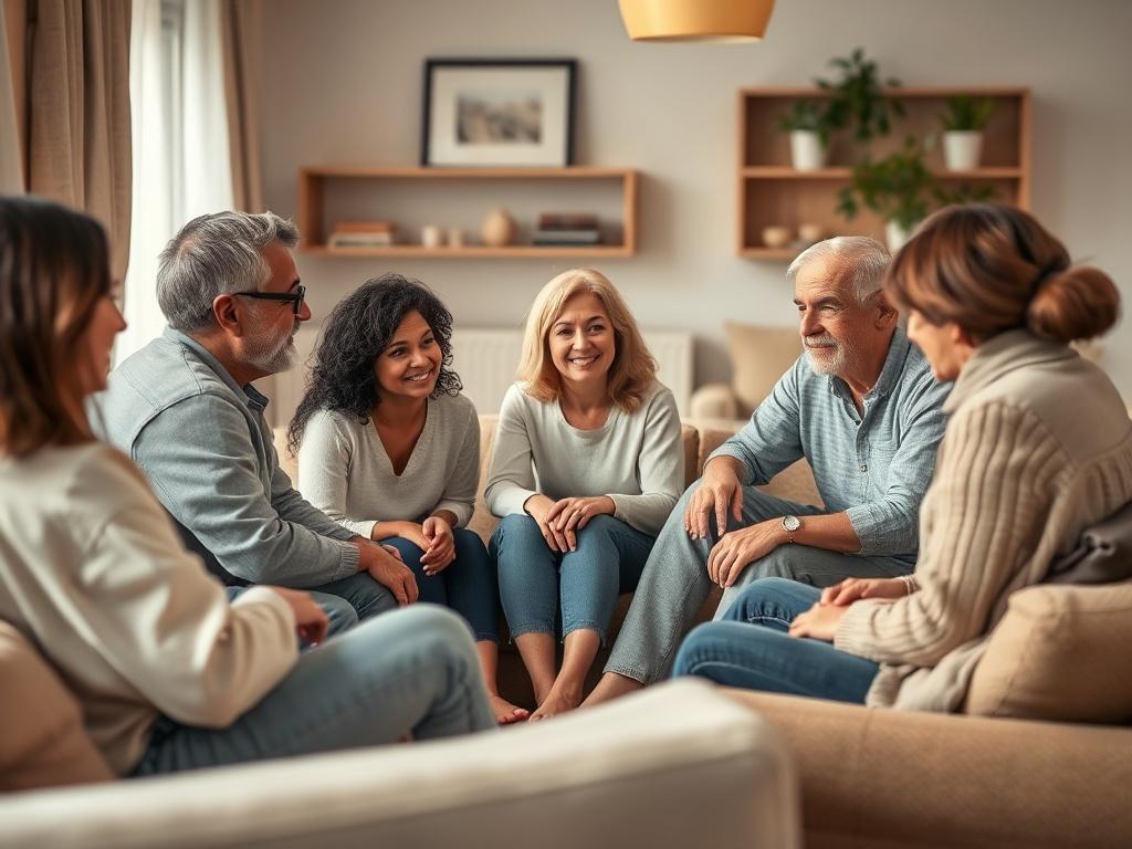 A warm, inviting family setting with a group of diverse family members sitting together in a circle, engaged in a thoughtful discussion. The atmosphere is supportive and open, with soft lighting and comfortable seating. The focus is on the group dynamic, showcasing a sense of collaboration and mutual respect.