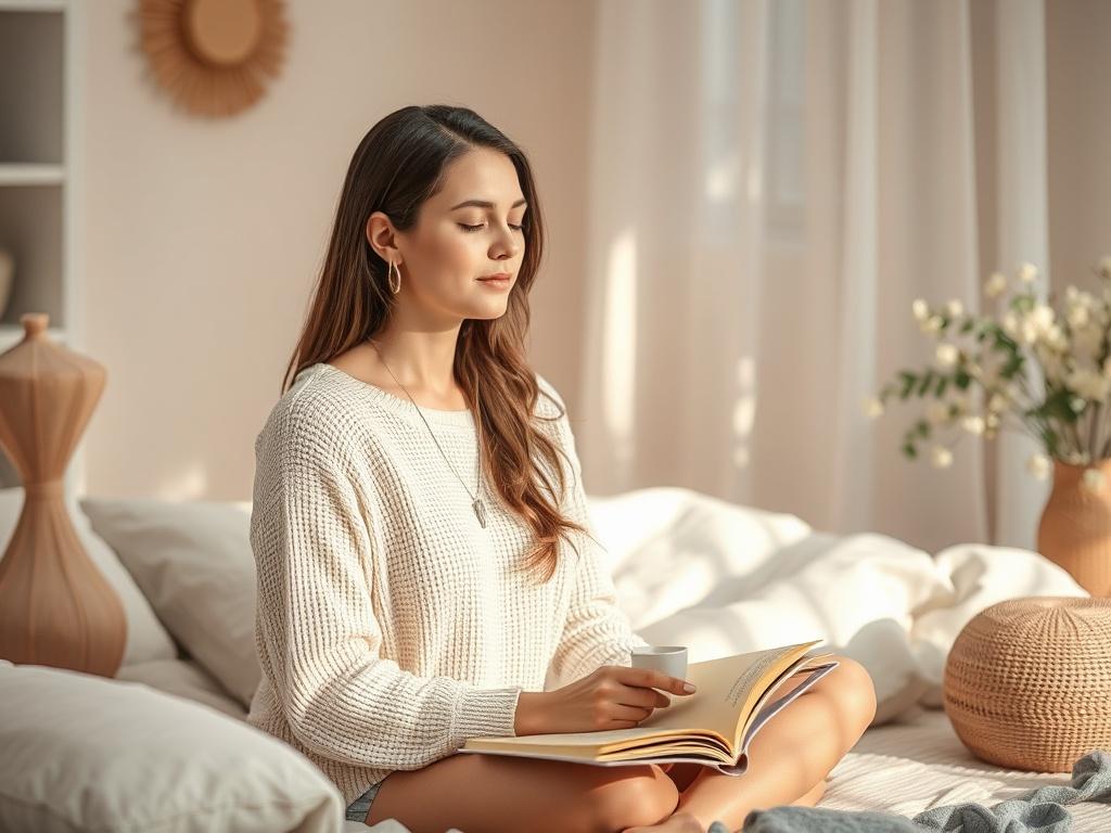 A calm and serene environment featuring a woman in a relaxed setting, perhaps a cozy room with soft hues and natural light. She is engaging in a reflective moment, perhaps journaling or meditating, illustrating self-care and empowerment. The scene conveys a sense of tranquility and personal growth.
