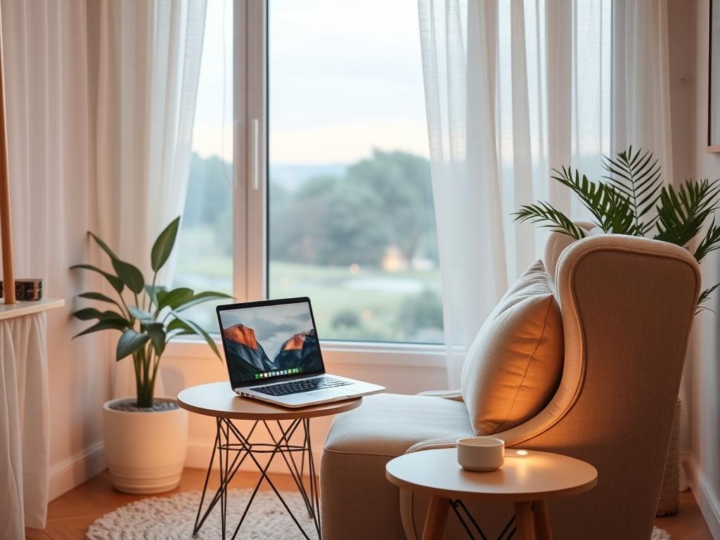 A serene and inviting home office setup featuring a comfortable chair, soft lighting, and calming decor. The scene is peaceful, with a view of a window showing a soft, natural landscape outside. A laptop is open on a small table, symbolizing online therapy. The overall tone is warm and welcoming, creating a sense of safety and comfort.