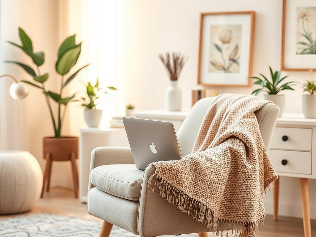 A serene home office setting with a soft, inviting chair, a peaceful atmosphere, and warm natural lighting. The background features calming decor, such as plants and gentle art, reflecting a sense of comfort and safety. An open laptop is on a desk, symbolizing online therapy, while a cozy blanket is draped over the chair, emphasizing warmth and compassion.