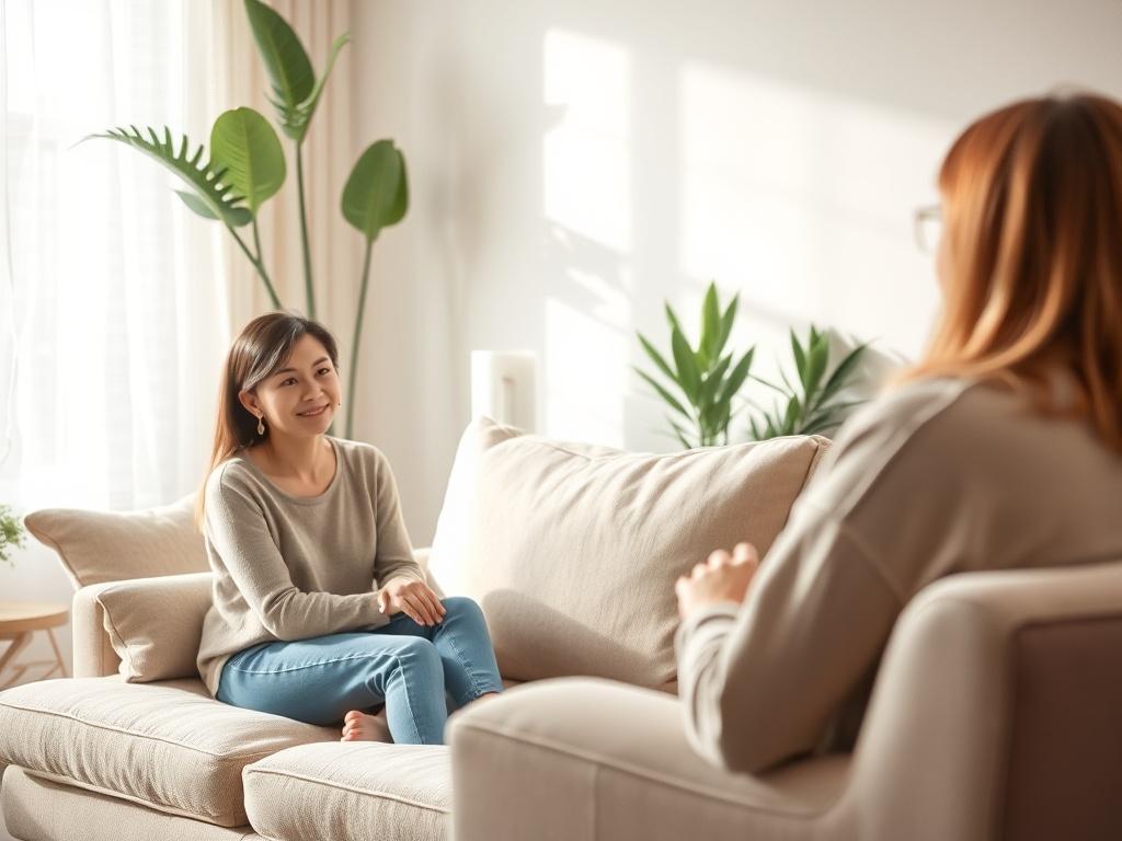 A calm therapy session with a woman sitting on a comfortable couch, engaged in conversation with a therapist across from her. Soft, natural lighting fills the room, creating a comforting atmosphere. The background includes soothing decor, such as light colors and plants, emphasizing a nurturing environment for women's mental health discussions.