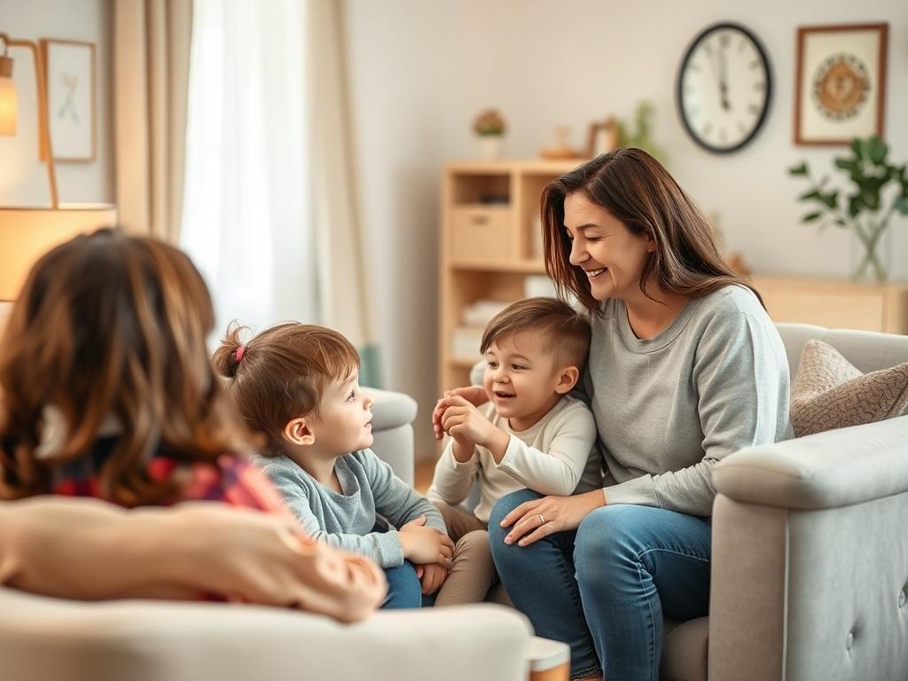A warm, inviting family counseling session where a parent is engaging with a child in a playful manner, illustrating a supportive dynamic. The setting is cozy, with soft colors and family-friendly decor, highlighting a nurturing atmosphere for parenting discussions. The therapist observes warmly, creating a safe and open environment.