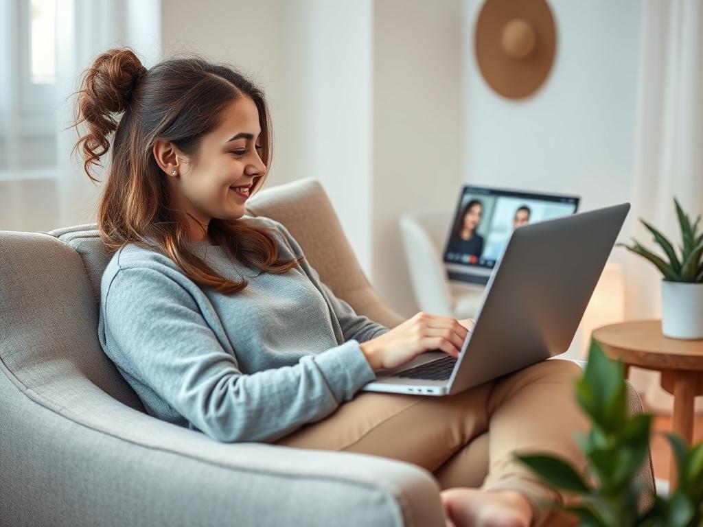 A relaxed woman sitting in a cozy chair, engaging in a video counseling session with a therapist on her laptop. The setting is warm and inviting, with soft colors and gentle lighting, conveying a feeling of comfort and understanding.