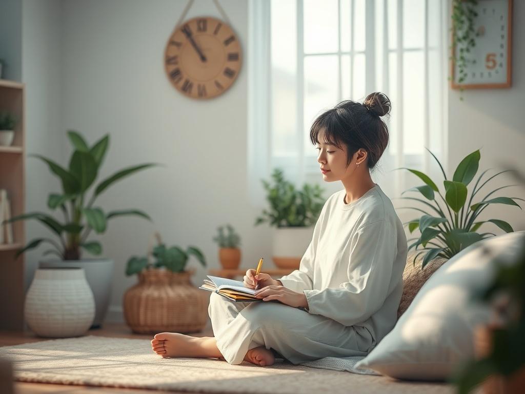 A serene individual sitting peacefully in a cozy room, reflecting and journaling, surrounded by soft lighting and calming colors. The background should be simple and inviting, with plants and cozy decor, conveying a sense of comfort and safety.