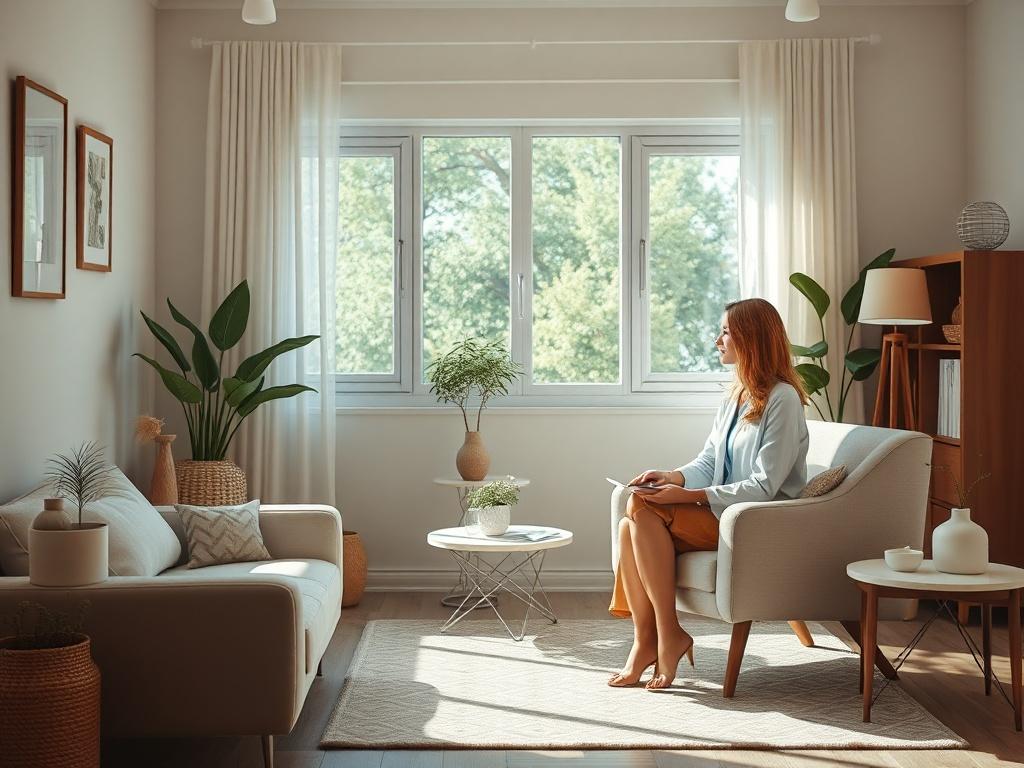 A calm therapist in a tranquil office, gently guiding a client through a counseling session. Soft colors and natural light create a soothing environment, with comfortable furniture and calming decor that emphasizes a safe space for healing.