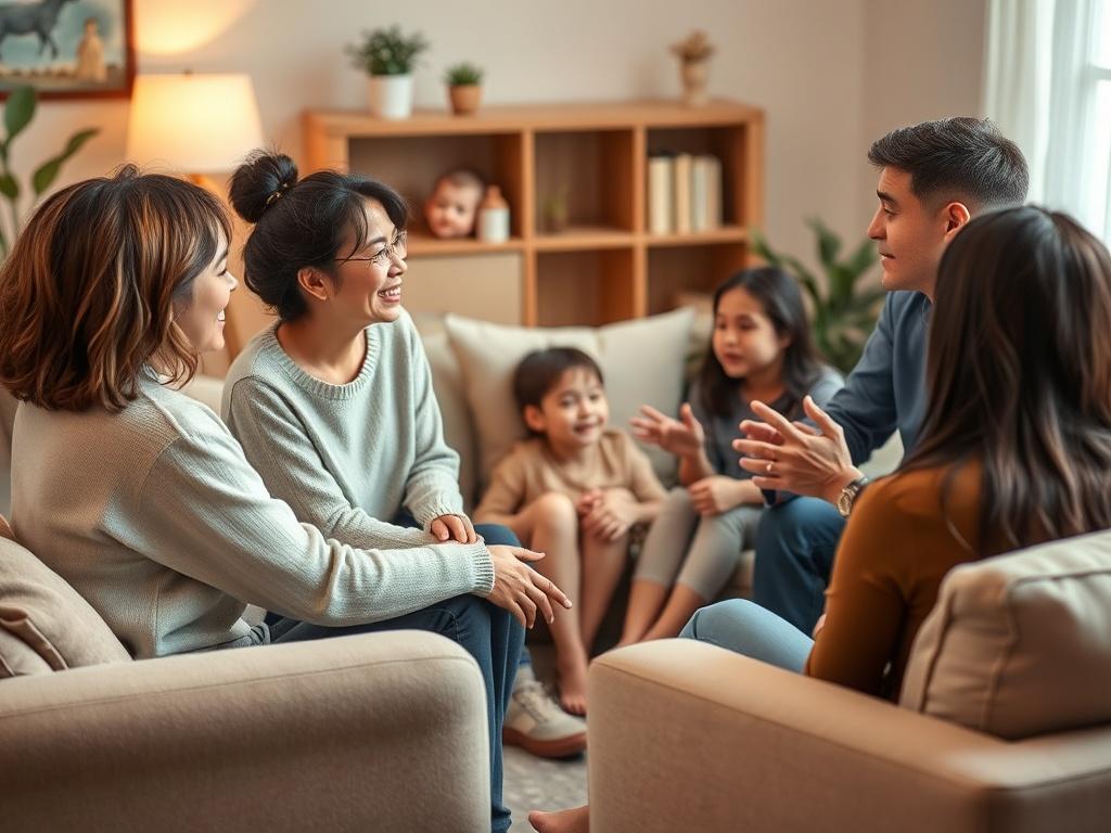 A family therapy session in progress, showcasing a family of four engaging in open communication with a counselor. The room is cozy and welcoming, decorated with soft colors and comfortable seating, emphasizing a nurturing environment for dialogue.