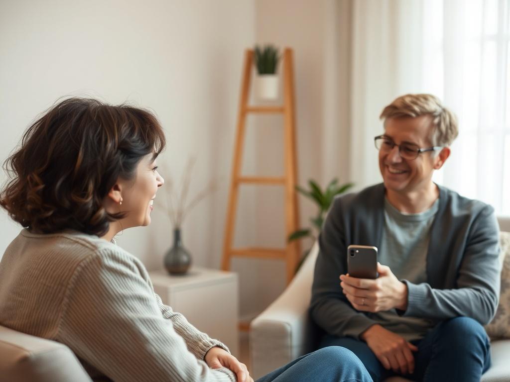 A calm and inviting virtual counseling session with a therapist and a client in a peaceful setting. The therapist, a middle-aged woman with a warm smile, listens attentively, while the client, a young adult, expresses emotions. The background features soft, neutral colors and gentle lighting, creating a soothing atmosphere.