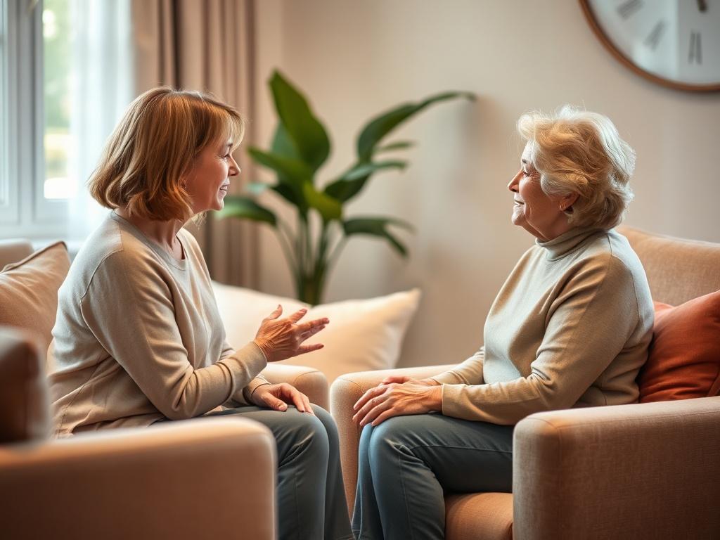 A supportive therapy session focused on women's mental health, featuring a therapist and a woman in her 50s discussing feelings. The setting is warm and inviting, with soft lighting and comfortable seating, promoting an atmosphere of trust and openness.
