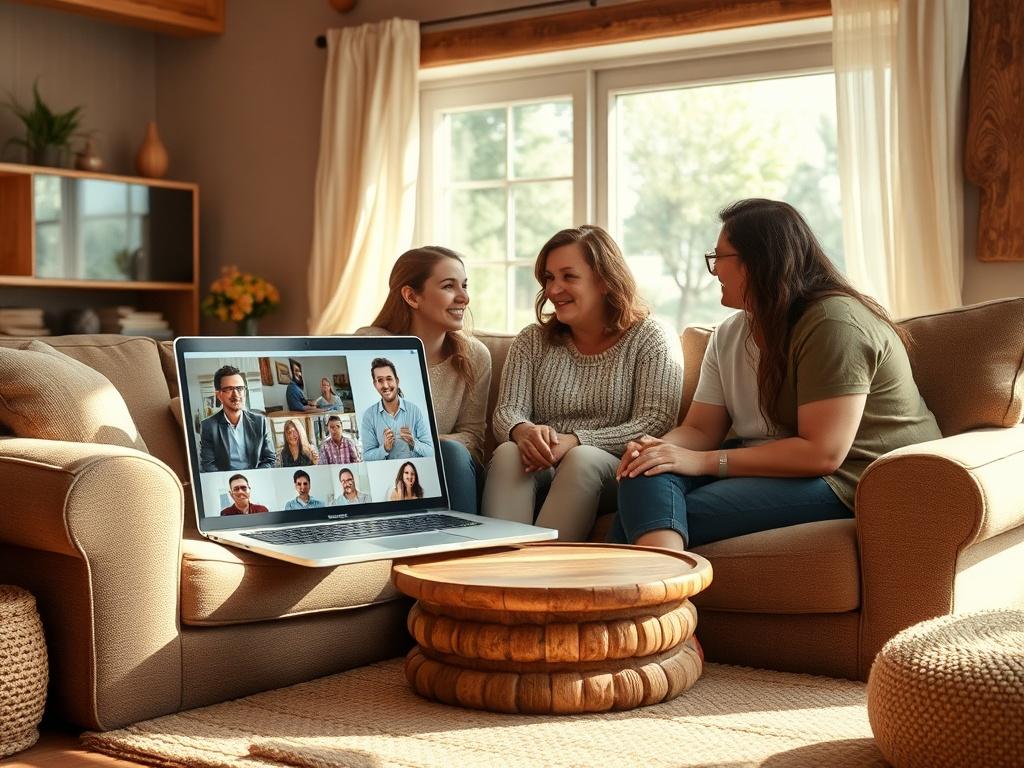 A warm and inviting family space with a couch and a laptop displaying a virtual therapy session. Family members are engaged in conversation, showcasing connection and support. Natural light floods the room, creating a welcoming atmosphere. The setting emphasizes the importance of family togetherness and the effectiveness of virtual therapy in strengthening bonds.