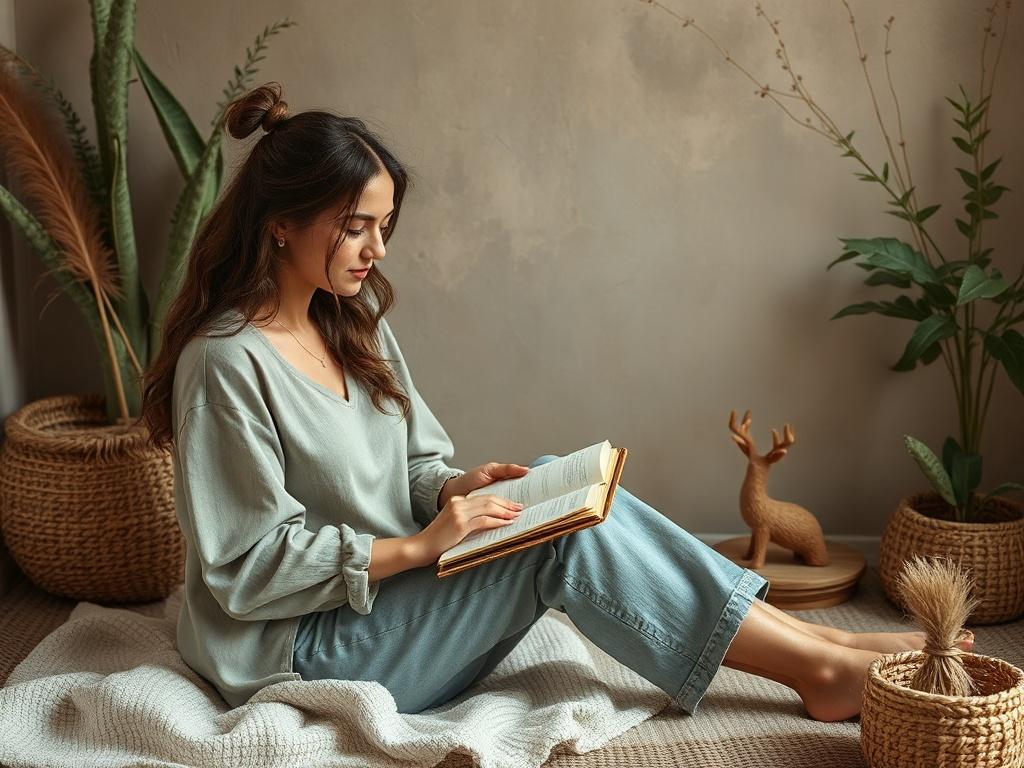 A peaceful setting featuring a woman sitting comfortably with a journal, reflecting during a virtual therapy session. Soft colors and natural elements surround her, creating a nurturing environment. The image captures a moment of introspection and empowerment, illustrating the importance of mental health support for women during life transitions.