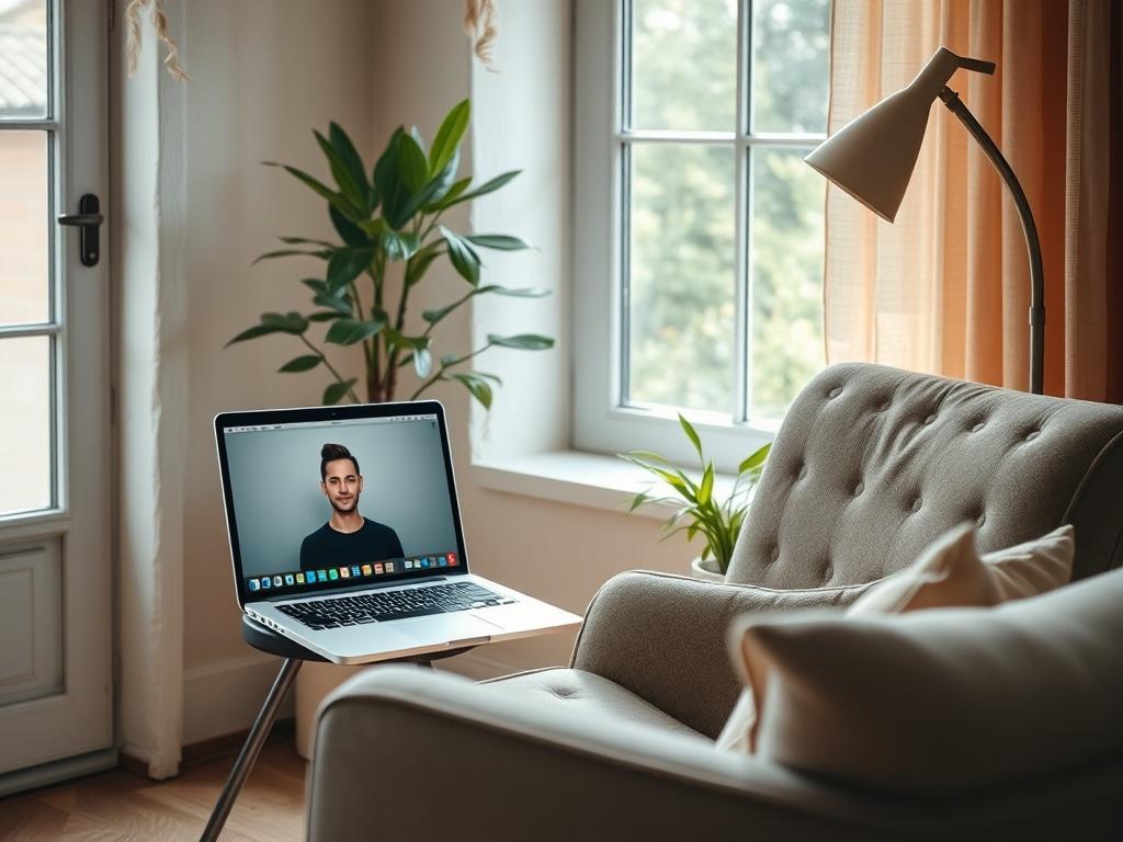 A serene home office setup with a laptop open to a virtual counseling session. Soft, natural light filters through a window, casting a warm glow on a comfortable chair. A potted plant adds a touch of nature, creating a calming atmosphere. The scene conveys a sense of tranquility and accessibility, inviting individuals to engage in therapy from the comfort of their living space.