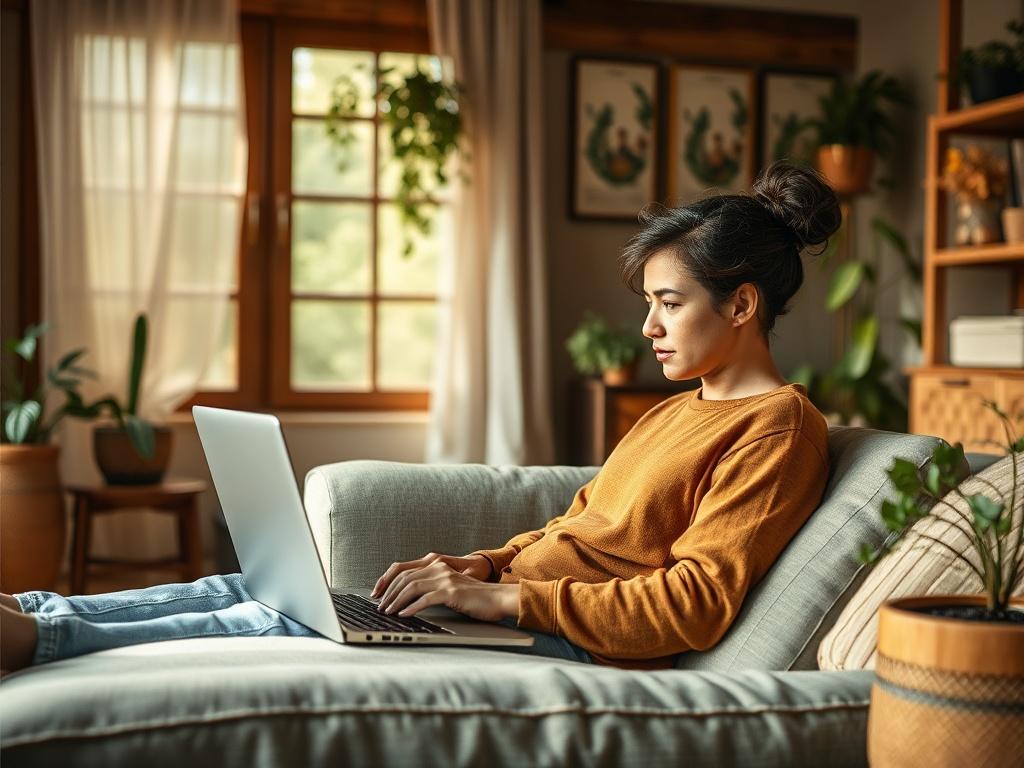 A person sitting comfortably in a cozy home setting, engaged in a virtual counseling session on a laptop. The room has soft, warm lighting and natural elements like plants and wooden furniture. The individual appears relaxed and focused, showcasing the comfort and ease of online therapy.