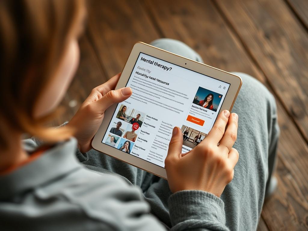 An individual browsing a detailed webpage on a tablet, with visuals of city names and therapy options displayed. The person appears engaged and thoughtful, representing the process of discovering valuable mental health resources available in their area.