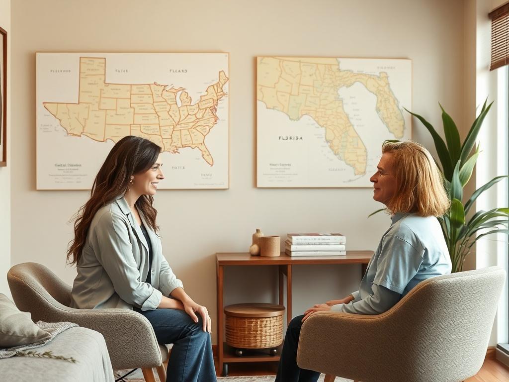 An inviting therapy office environment with a therapist and client engaging in a conversation. The background shows maps of Texas and Florida on the wall, symbolizing the areas served. The therapist is attentively listening, emphasizing a personalized approach to counseling.