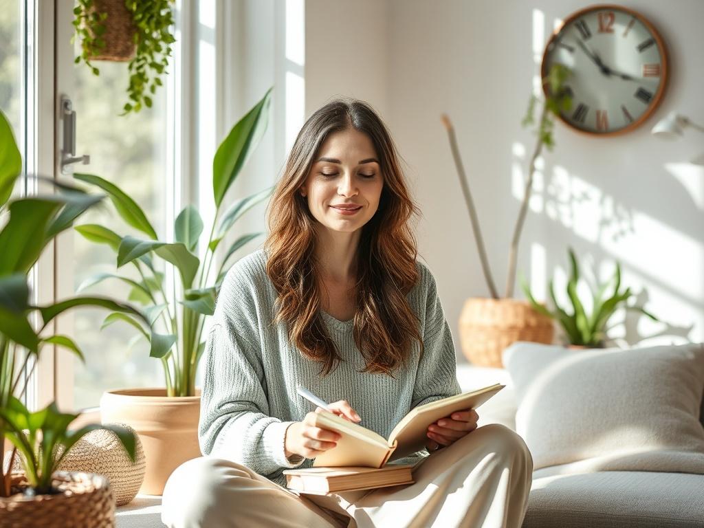 A peaceful image of a woman sitting in a sunlit room, surrounded by plants and soft furnishings. She is engaged in a calming activity like journaling or meditating, with a gentle expression that conveys inner peace. The ambiance should feel nurturing and encouraging, reflecting a safe space for women's mental health conversations.