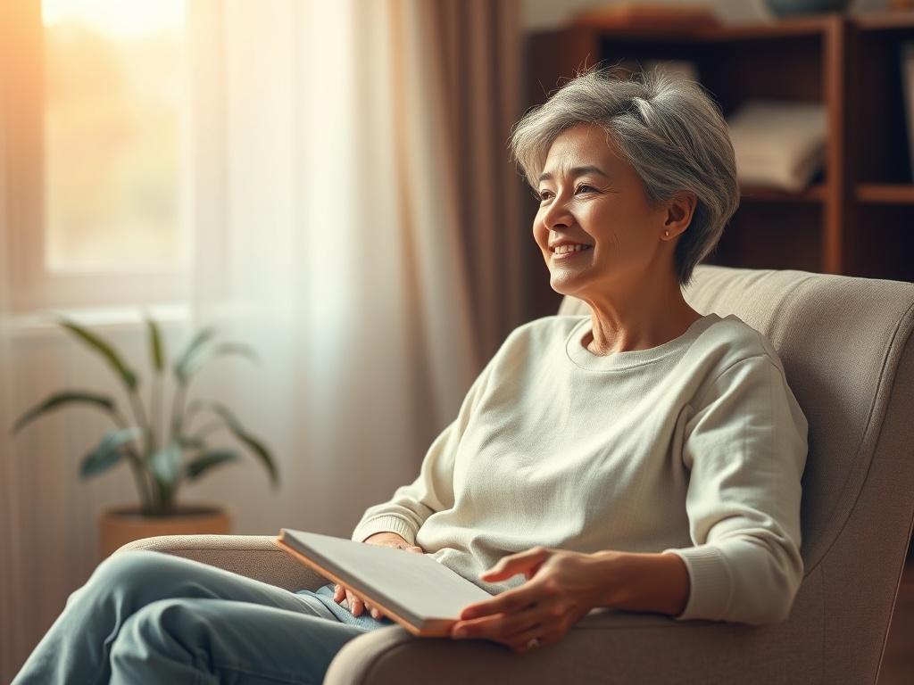 A calm, serene image of a person sitting in a comfortable chair, looking relaxed and thoughtful. The background should be softly lit with warm, soothing colors, creating a peaceful atmosphere. The subject should appear engaged in self-reflection, perhaps holding a journal or a cup of tea, with a gentle smile that conveys hope and tranquility.