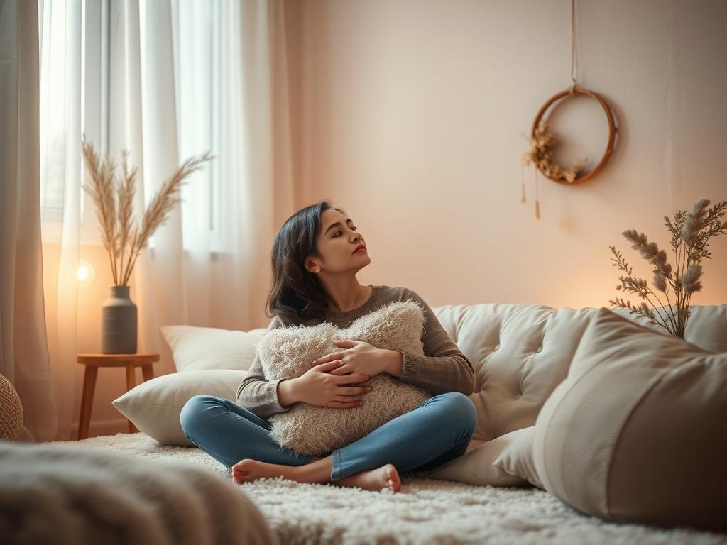 A soothing scene of a person sitting peacefully in a cozy room, surrounded by soft lighting and comforting decor. The individual is holding a plush cushion, looking contemplative yet calm, symbolizing the healing process. The atmosphere should evoke feelings of safety and warmth, inviting viewers to imagine a supportive therapeutic space.