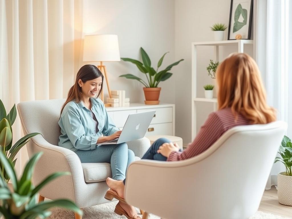 A serene home office setting with a comfortable chair, soft lighting, and calming decor. A therapist is seen on a laptop screen, engaging warmly with a client. The atmosphere is peaceful, conveying a sense of comfort and safety, with gentle green accents in the decor.