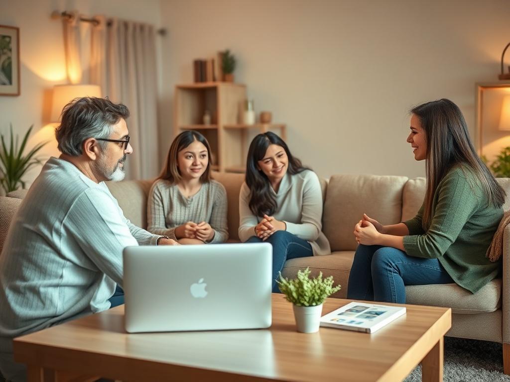 A cozy family room with a warm, inviting atmosphere. A family of four sits together, engaged in a meaningful conversation. A therapist is visible via a laptop on the coffee table, facilitating the discussion. Soft lighting and gentle green tones create a peaceful ambiance.