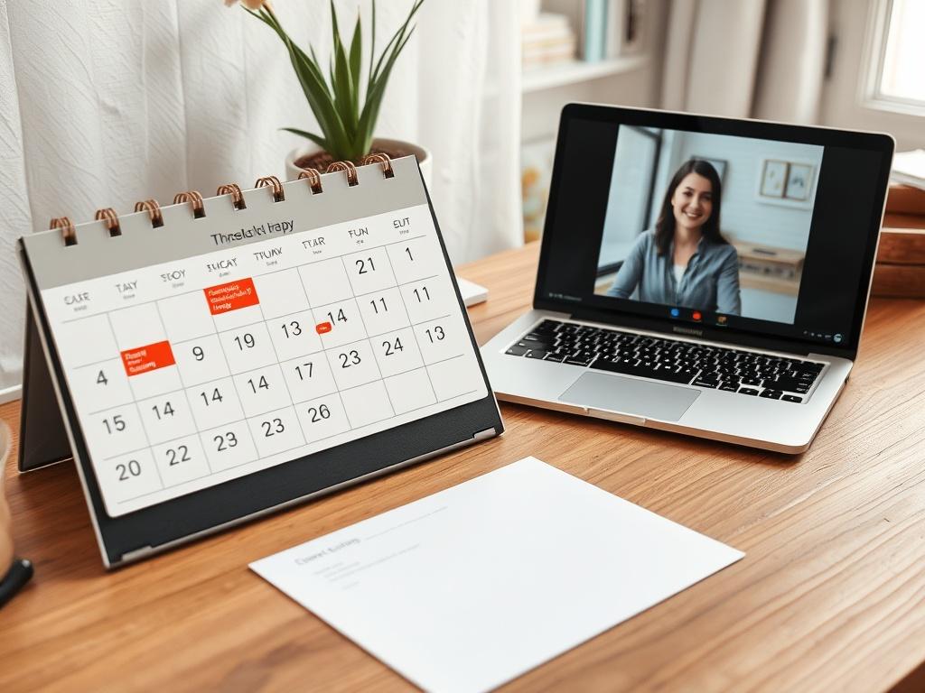 A calendar on a desk with marked time slots for therapy sessions, alongside a laptop displaying a video call. The setting should be bright and organized, symbolizing the ease of scheduling and accessing therapy sessions from home.