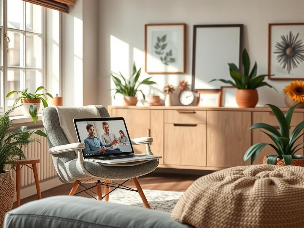 A cozy and inviting home office setting with a comfortable chair, a laptop open with a counseling session in progress, and soft natural light streaming through a window. The background features calming decor, such as plants and artwork, creating a peaceful atmosphere.
