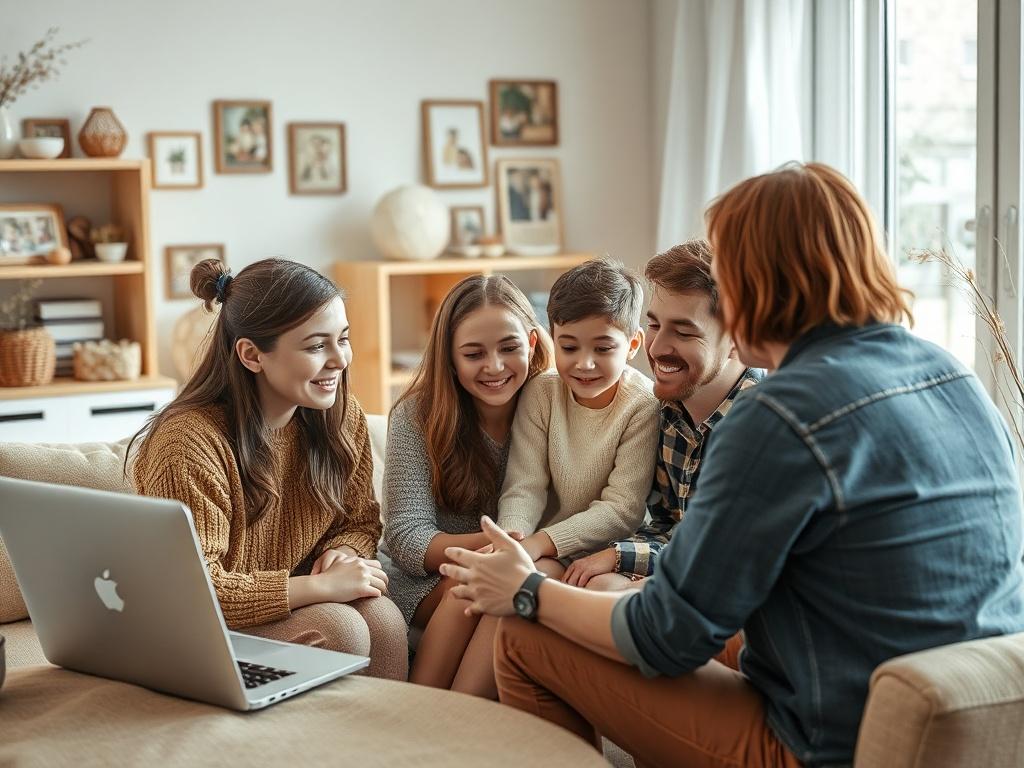A warm and inviting scene of a family gathered together, discussing their feelings with a therapist via a laptop. The room is filled with natural light, and there are family photos and comforting elements in the background, creating a sense of connection and support.