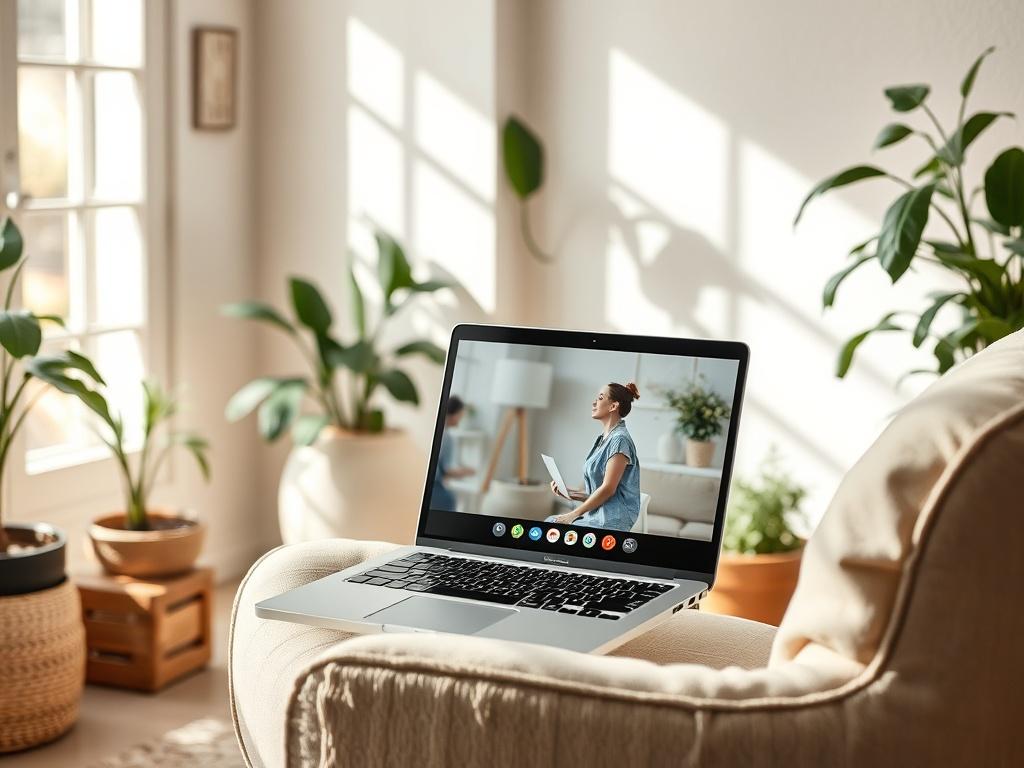 A serene home office setting with a laptop open, showing a virtual therapy session in progress. The background is calming with soft colors, plants, and natural light streaming in. A comfortable chair and a cozy atmosphere create a sense of warmth and safety.