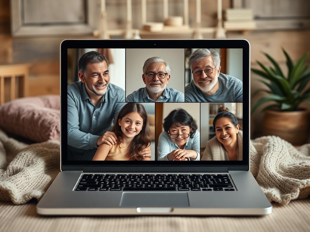 A virtual family therapy session displayed on a laptop, showing multiple family members participating from different locations. The setting is cozy and inviting, with expressions of engagement and connection on their faces, highlighting collaboration and support.