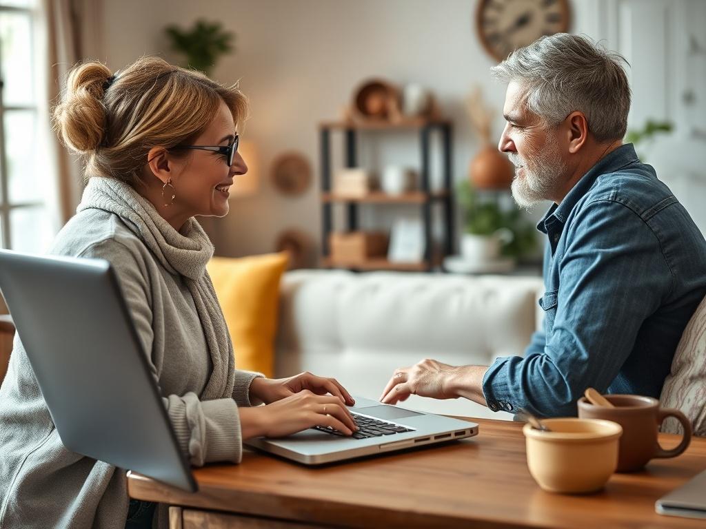 A therapist and client engaged in a meaningful virtual conversation on a laptop screen, with a warm and inviting home environment in the background. The scene conveys connection, understanding, and support, emphasizing a compassionate approach to therapy.