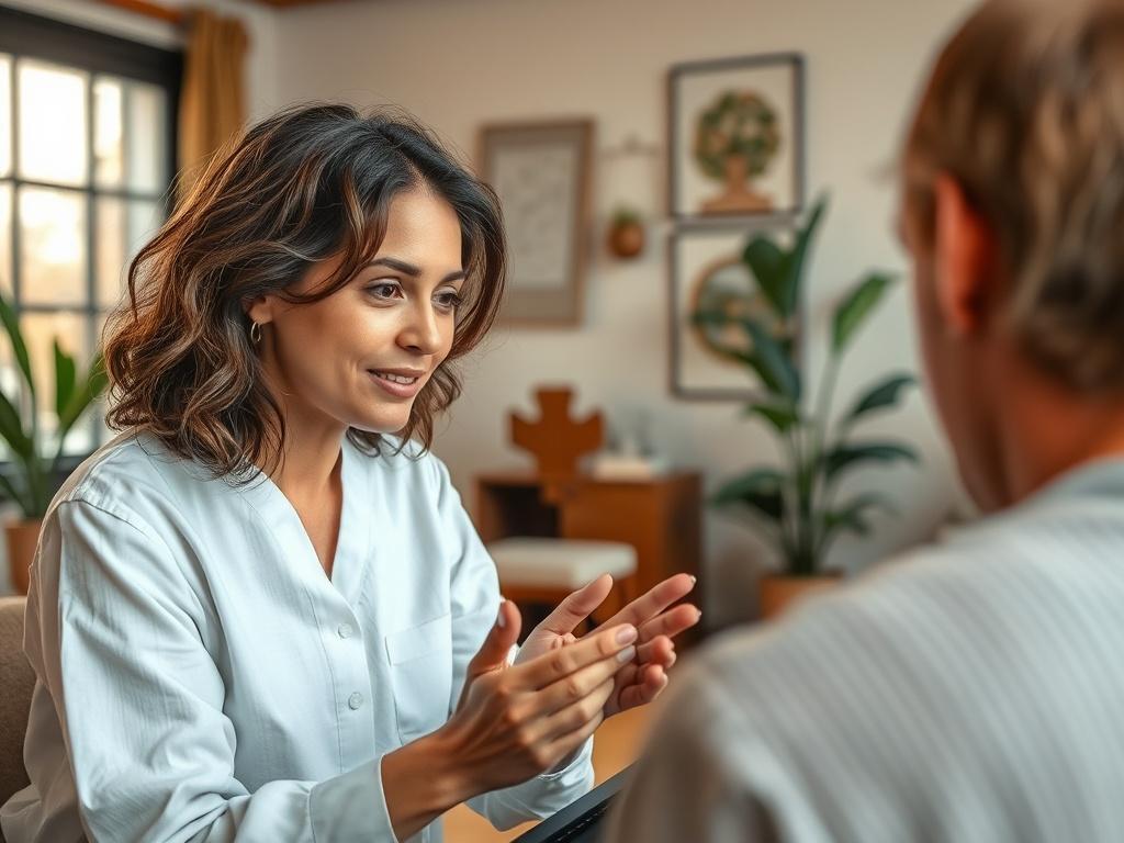A serene image of a therapist listening attentively to a client during a virtual session. The therapist's expression is calm and empathetic, creating an atmosphere of trust and safety, while the background shows a cozy, well-decorated office space.