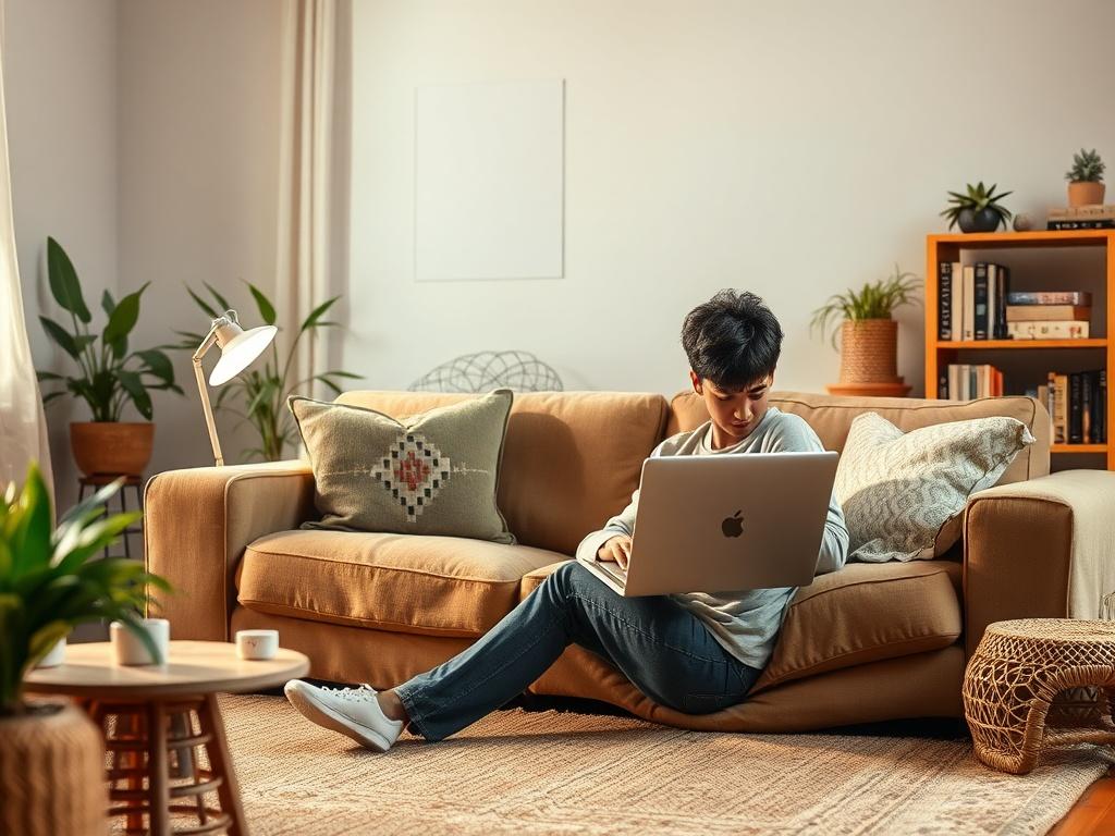 A person sitting comfortably in their living room, engaged in a virtual therapy session on a laptop. The setting is warm and inviting, with soft lighting and personal touches like plants and books in the background, conveying a sense of safety and comfort.