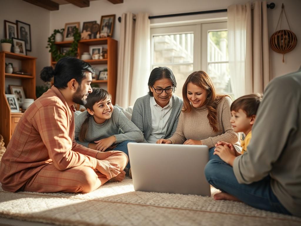 A family gathered around a laptop, engaging in a virtual counseling session with a therapist. The room is bright and welcoming, filled with family photos and personal items that represent their connections, showcasing the importance of family support.