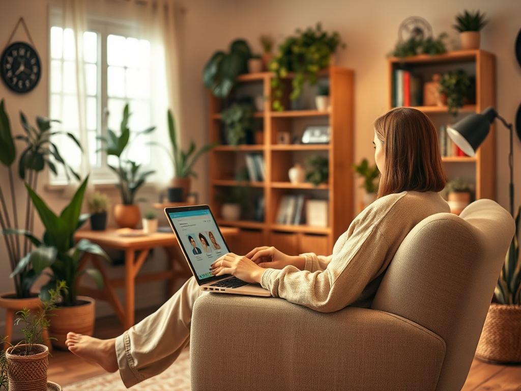 A warm, inviting home office setting where a person is comfortably seated, engaged in a virtual therapy session on a laptop. The background features soft lighting, a cozy atmosphere with plants and bookshelves, and a sense of tranquility, emphasizing the accessibility and comfort of online therapy.