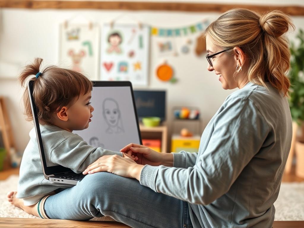 A caring therapist engaging with a child via a laptop screen, showcasing a virtual session filled with warmth and connection. The background reflects a family-friendly environment with drawings and toys, emphasizing the supportive nature of therapy for all ages.
