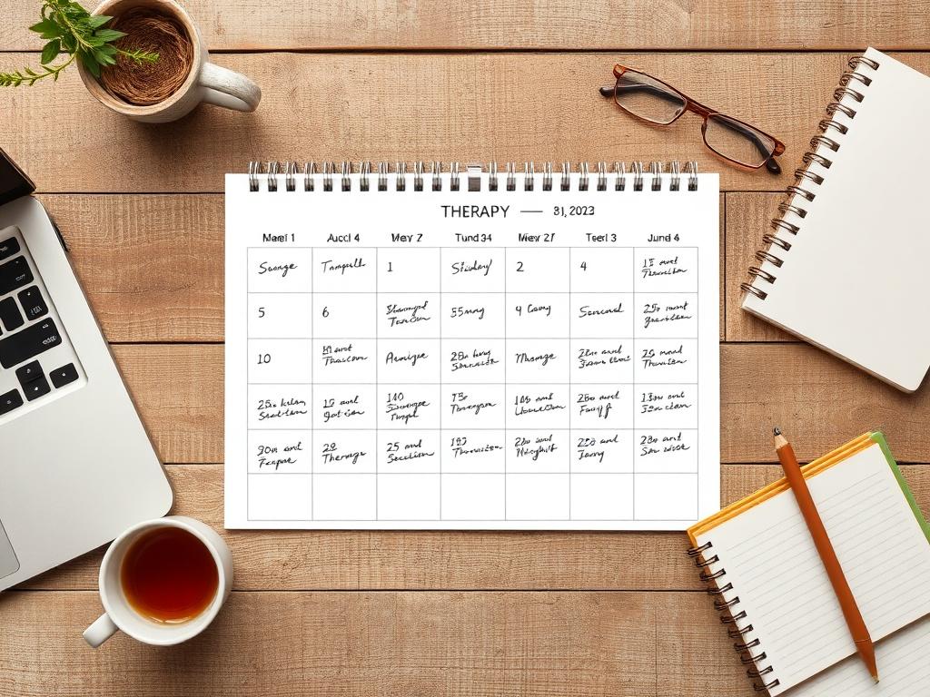 A calendar with various time slots marked for therapy sessions, surrounded by a laptop, a cup of tea, and a notebook. The imagery conveys flexibility and ease, illustrating how clients can easily manage their therapy appointments.