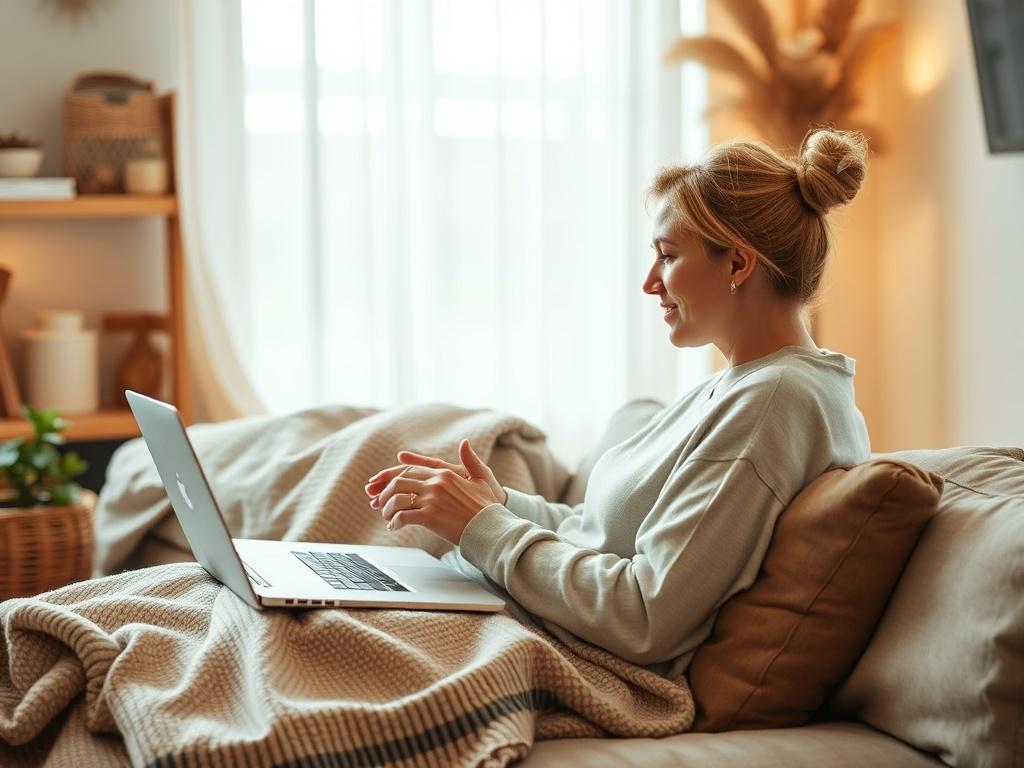 A client in a comfortable home setting, engaging in a virtual therapy session on a laptop. The image should focus on the client's relaxed posture, emphasizing the comfort of online therapy. The background should include cozy elements like a soft blanket, warm lighting, and personal touches that create a sense of safety and tranquility.