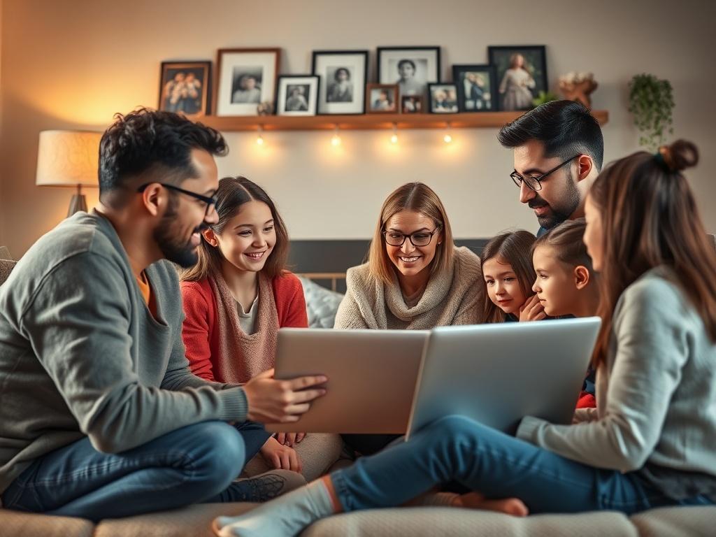 A virtual family therapy session with a diverse family gathered around a laptop, actively engaging with a therapist on screen. The background features a cozy living room, with family photos and warm lighting, creating an inviting atmosphere that reflects connection and support.