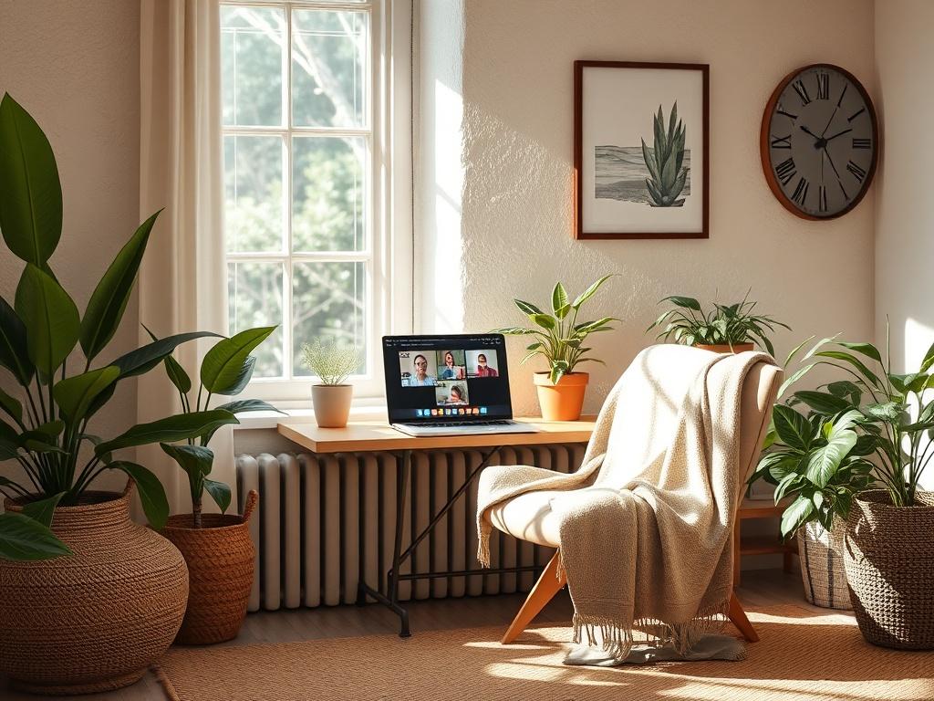 A serene home office setting featuring a comfortable chair, a soft throw blanket, and a laptop open to a video call interface. The room is softly lit with natural light streaming in from a window, surrounded by calming plants and artwork that evoke a sense of peace and tranquility.