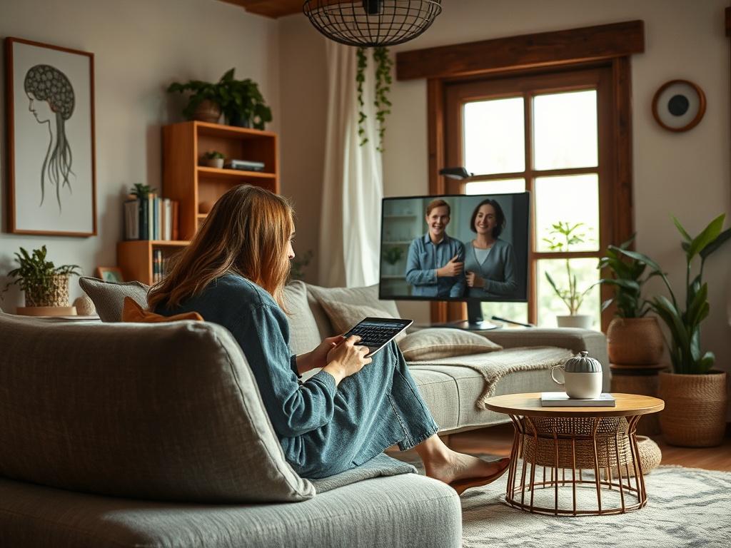 A comforting online therapy session featuring a woman sitting comfortably in her cozy living room, speaking with a therapist via video chat. The room is decorated with soothing colors and personal touches, such as plants and books, creating a peaceful and supportive environment.
