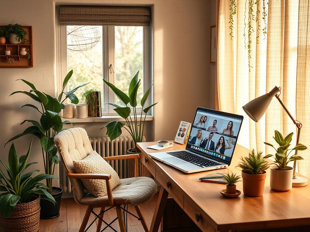 A serene home office setup with a cozy chair and plants, a laptop open on a desk showing a virtual therapy session, warm natural light coming through a window, and a calming atmosphere.