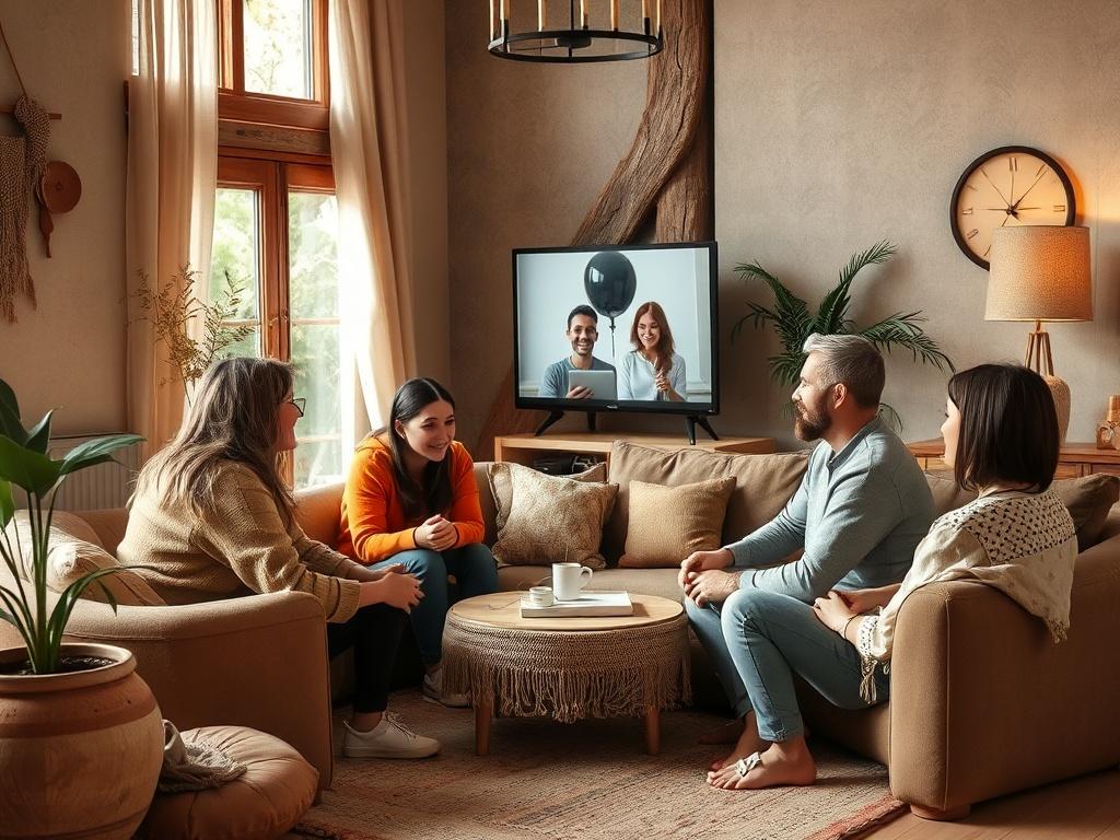 A family sitting together in a cozy living room, engaged in a discussion with a therapist on a video call, with warm colors and a welcoming environment.