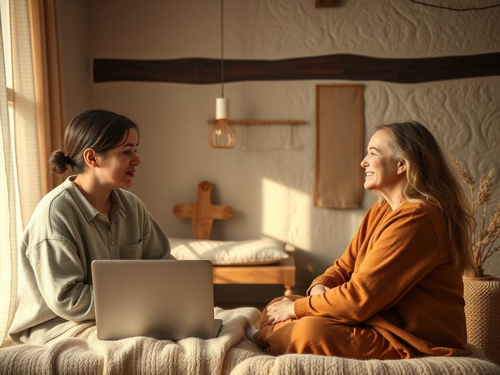 A calming therapy room with soft lighting, a therapist speaking empathetically through a laptop screen, and a client looking relieved and engaged, conveying a sense of safety and support.