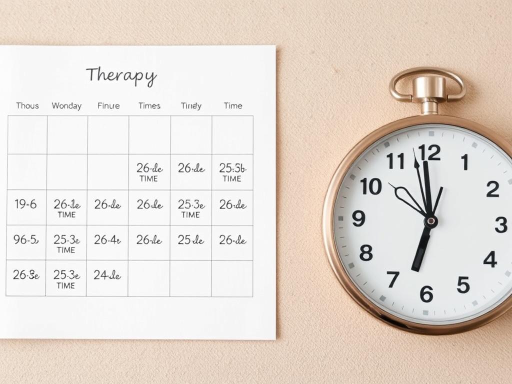 A calendar with various time slots marked for therapy sessions, alongside a clock showing different times. The image should convey the idea of flexibility and choice in scheduling, with a clean and modern design.