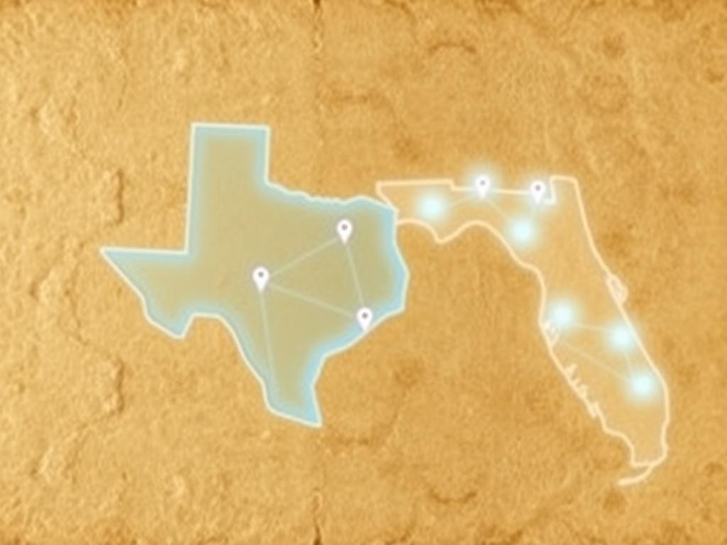 A map of Texas and Florida highlighted with digital connections, symbolizing virtual therapy access. The map should have pinpoints indicating various locations, with soft colors and a clean design to emphasize connectivity and accessibility.