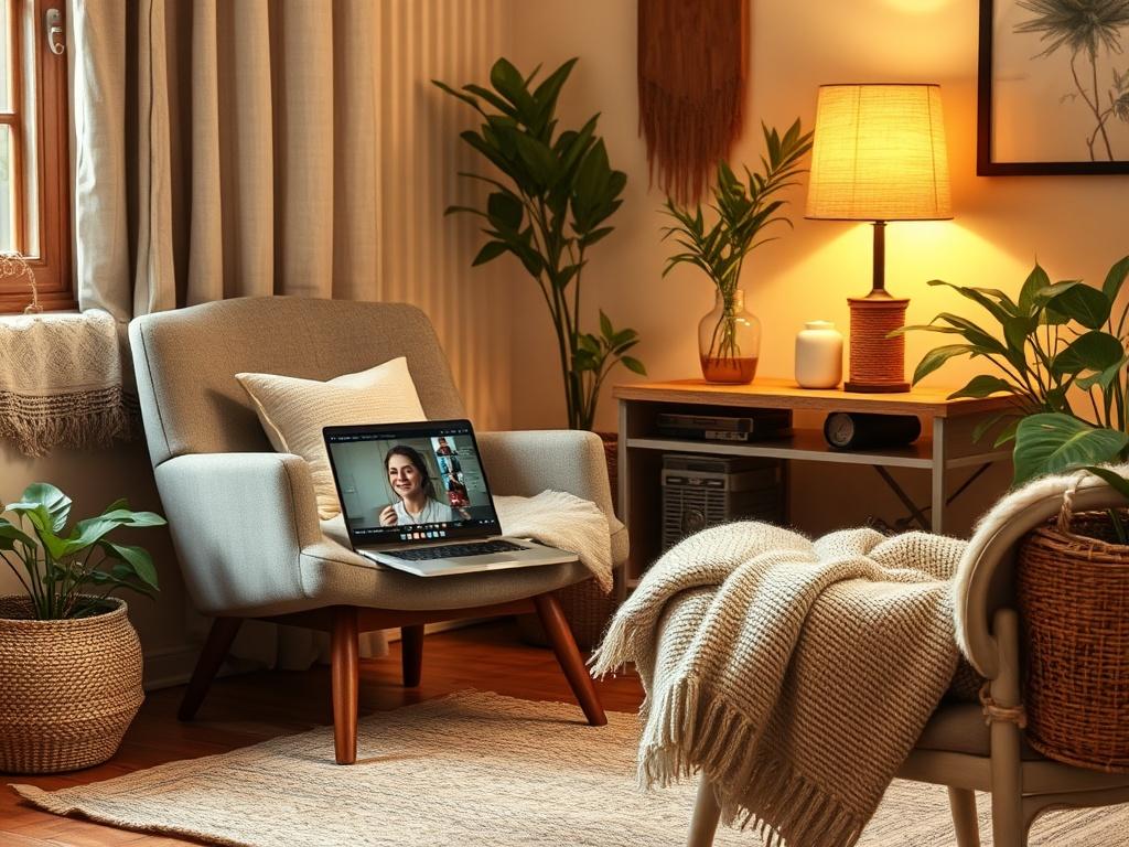 A cozy home office setup with a comfortable chair, a laptop open with a video call interface, and calming decor like plants and soft lighting. The background should be warm and inviting, reflecting a peaceful atmosphere for therapy sessions.