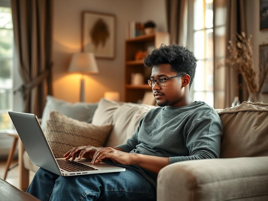 An individual sitting comfortably in a cozy living room, discussing their feelings in a virtual therapy session on a laptop. The room is softly lit, creating a safe and inviting ambiance. The person appears thoughtful and engaged, reflecting the emotional investment in their mental health journey. The focus is on their expression and the connection with the therapist on the screen, emphasizing the therapeutic relationship.