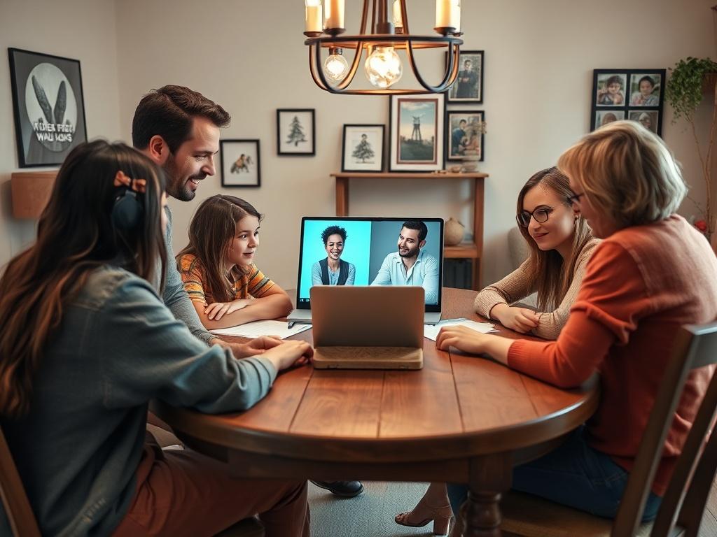 A family gathered around a dining table, participating in a virtual therapy session on a laptop. They look engaged and supportive of one another. The room is well-lit and inviting, with family photos in the background, symbolizing warmth and connection. The focus is on the interaction among family members and their therapist on the screen, showcasing the collaborative nature of family counseling.