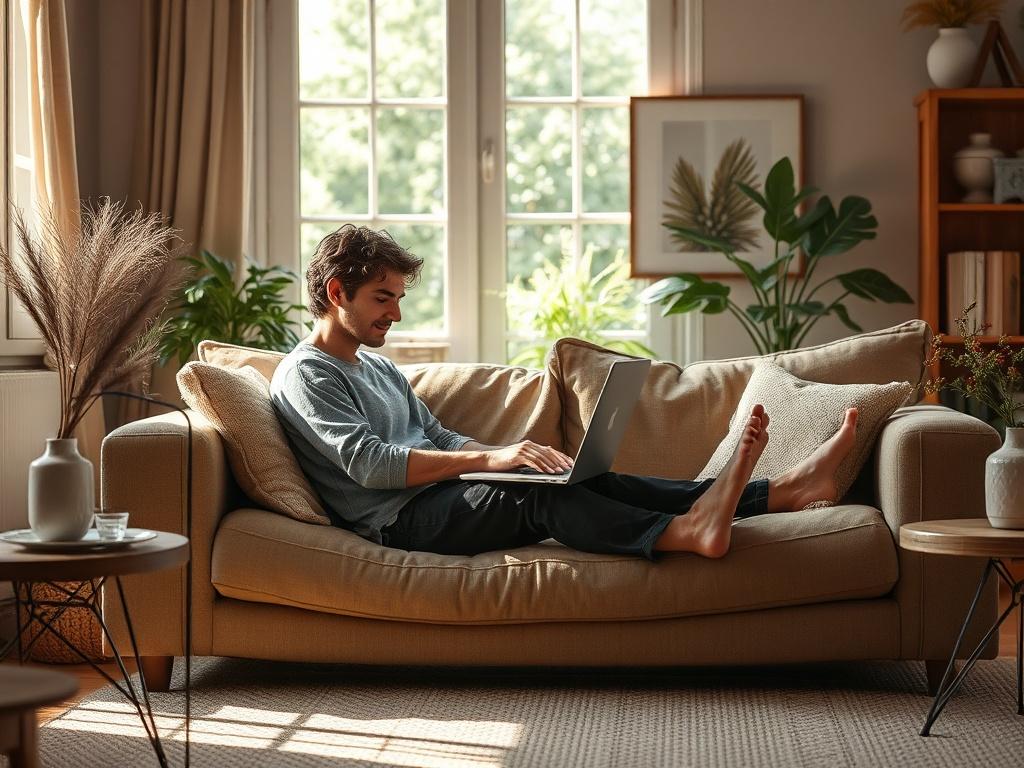 A serene home office setting with a person sitting comfortably on a sofa, engaged in a virtual therapy session on a laptop. Soft, natural light streams through a window, creating a warm atmosphere. The person looks relaxed and engaged, with a calming backdrop of plants or artwork. The focus is on the individual and their laptop, emphasizing the accessibility and comfort of virtual therapy.