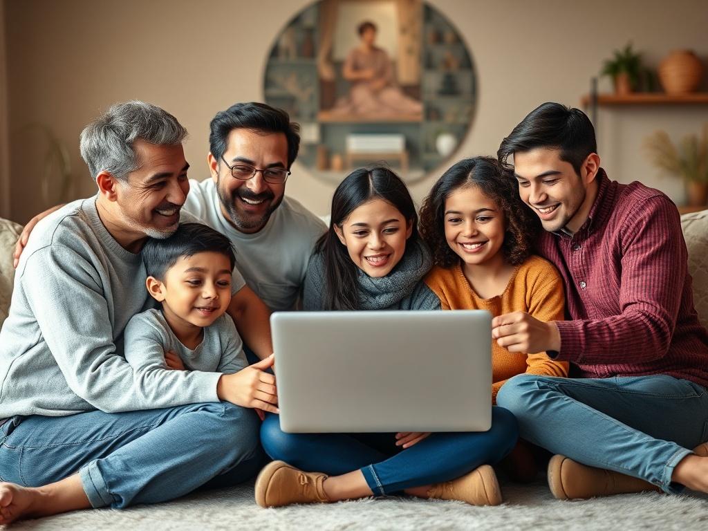 A family gathered around a laptop for a virtual therapy session, displaying expressions of engagement and support. The scene highlights a diverse family unit, emphasizing connection and communication. The background features a cozy living room with warm tones, showcasing a nurturing environment.